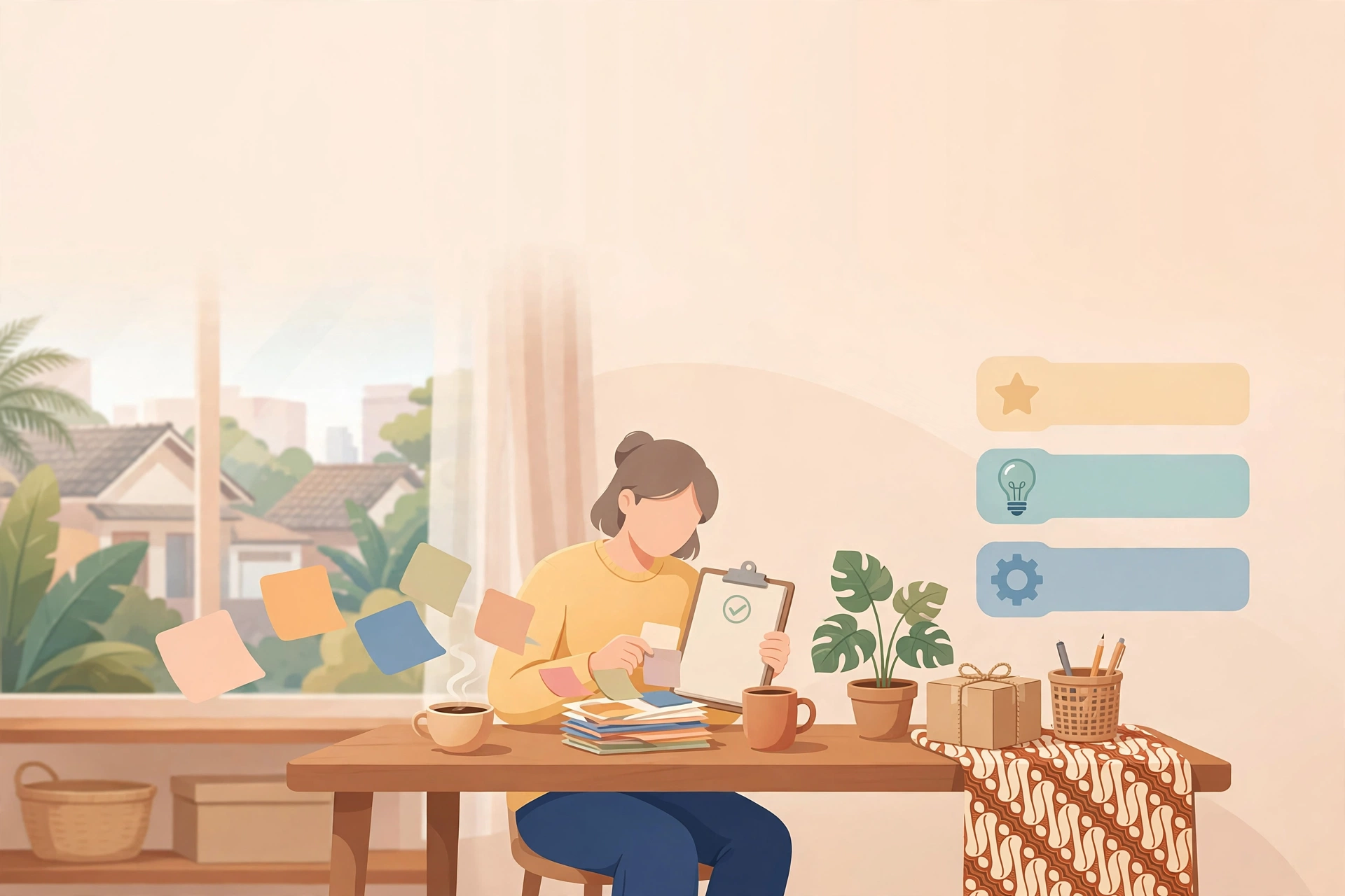 Freelancer mencoret checklist harian di meja kerja agar pekerjaan tidak tercecer