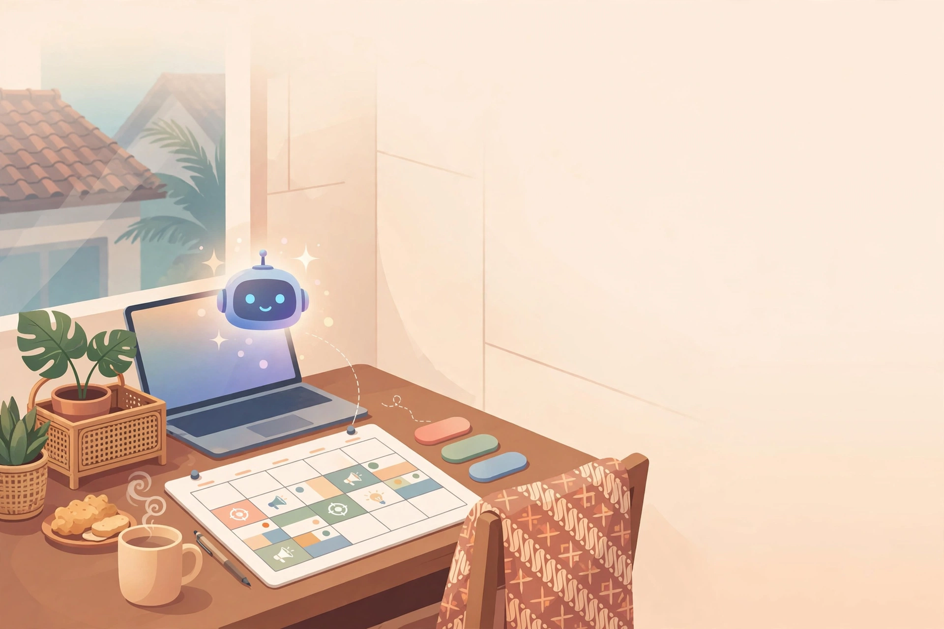 Freelancer menyusun jadwal konten bulanan dengan bantuan AI di laptop
