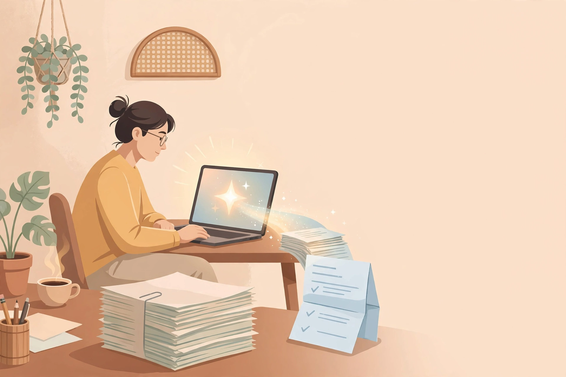 Pekerja kantor meringkas dokumen panjang di laptop dengan bantuan AI